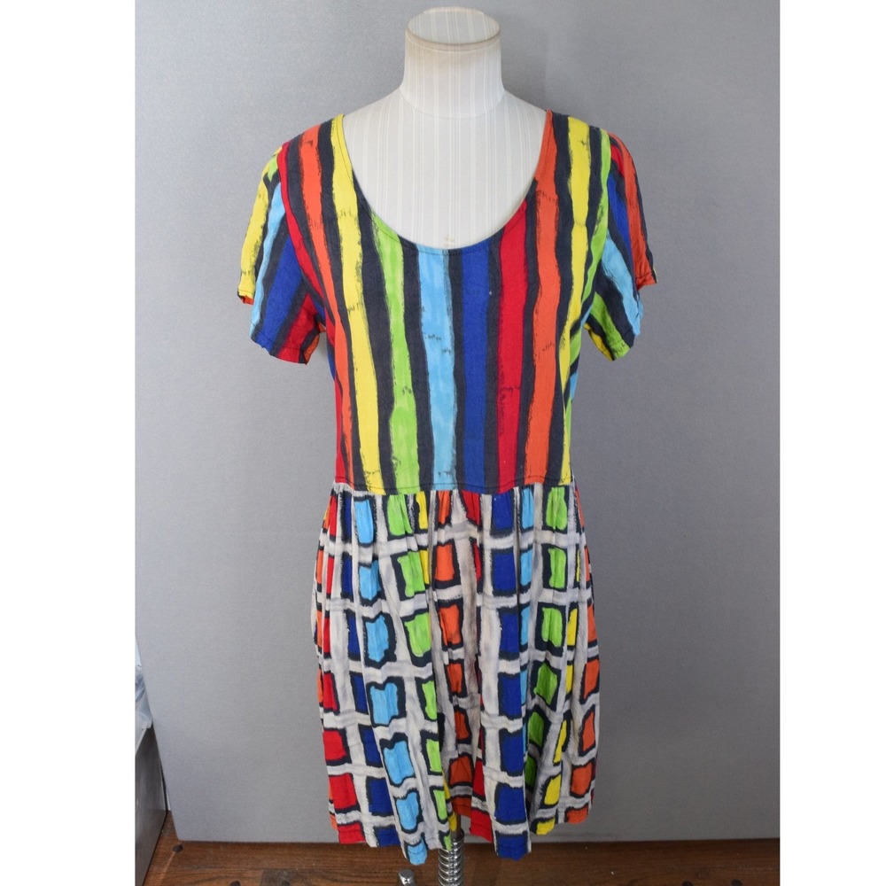 Jams World Hattie Dress Medium Abstract Stripe Geometric Rainbow Babydoll